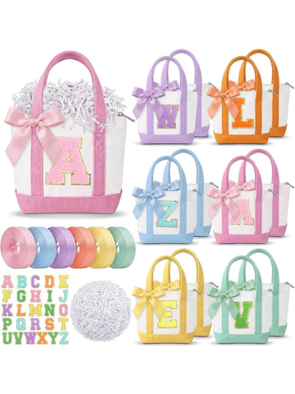 12 Mini Canvas Tote Bags for DIY Macaron Crafts with Alphabet Stickers